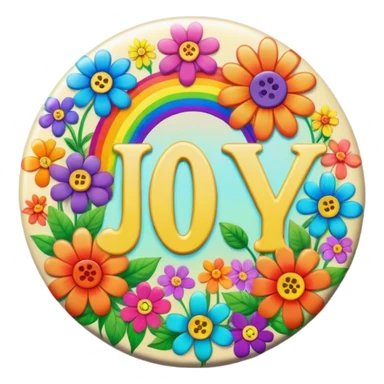 A round psychedelic colored button that says joy with rainbow colored hippie style flowers sticker