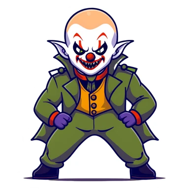 evil clown warrior, bald, small black satan-like horns on forehead, fangs, pointed ears, eye patch over one eye, long coat over black and military green leisure suit with bellbottom pants, realistically proportioned, less bulky, full body, battle-ready fighting posture sticker