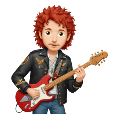 realistic cinematic Bob Dylan, unshaven and long haired, in a motor jacket embroidered with bronze cranes, plays an electric guitar, his long curly hair is red from the spotlights sticker
