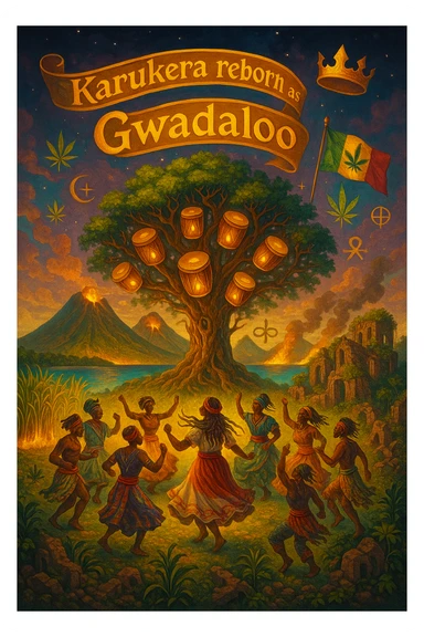 Create a powerful, surreal vision of the Caribbean island Guadeloupe, reimagined as ‘Guadeloupe' — its sacred, sovereign identity restored. The island is lush, tropical, and volcanic, with two green volcanoes glowing golden at the peaks. In the center stands a giant mystical Drum Tree, its branches bearing carved drums instead of fruit, glowing with rhythmic light. Ancestral spirits of African and indigenous lineage dance in a circle around the tree, surrounded by floating ganja leaves and sacred symbols. Sugarcane fields burn gently in the background, symbolizing the end of colonial suffering. Ruins of colonial buildings crumble into the earth, reclaimed by vines and jungle. Above the island, a glowing banner in the sky reads: ‘Karukera reborn as Gwadaloo.’ A ganja-leaf flag waves high in red, green, and gold, and a golden Creole crown floats in the sky above the island — not worn by any man, but held in rhythm. The ocean is turquoise, the light is divine, and the entire scene radiates spiritual victory, cultural remembrance, and cosmic rhythm. Use a warm, cinematic palette of golds, greens, blues, and purples. Style should feel epic, sacred, and symbolic — a rebirth of Caribbean power. sticker