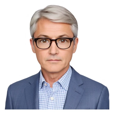 Middle-aged man around 50, square face with slight wrinkles, large dark square-framed glasses, short straight hair with subtle graying and side part. Composed serious expression. Wearing a light gray blazer over a white button-up shirt with blue checkered pattern. sticker