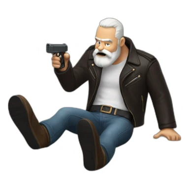 biff wiff santa beard wearing a leather jacket (full body, ios17)strandling a man and holding a pistol pointing it down at the head of a man laying on the ground sticker