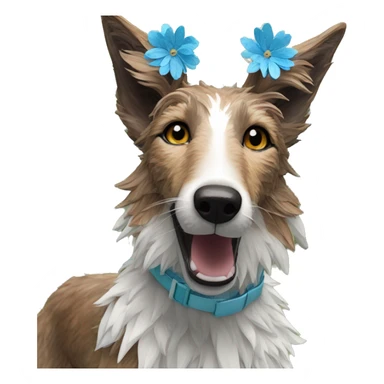  brindle fluffy lurcher fox running blue eyes fluffy ears and holographic harness wearing paper flower crown sticker