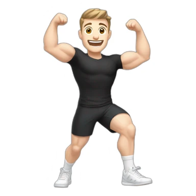 Joyful Celebrating victory Pale skinned Fit Man With the biceps and dark brown hair in black shirt, gray sports shorts and white Sneakers sticker