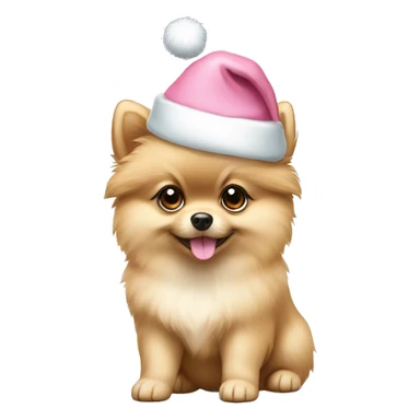 beige pomeranian puppy full body light blue eyes pink christmas hat on sticker