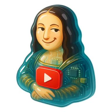 Mona Lisa with a playful sarcastic grin, red YouTube play button, glossy circuit style sticker