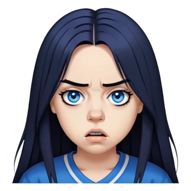 billie eilish angry long black hair blue eyes dark eyeliner makeup, wearing jersey sticker