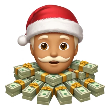 A confident rich emoji face wearing a Santa hat, money stacks, casino vibe, New Year theme, premium 3D emoji style, sharp details, no text, isolated on transparent background sticker