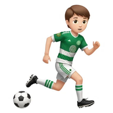 Celtic footballer jersey logo  6 years old brown hair white boy , brown eyes , stripes uniform , RUNNING  with soccer ball # 17 celtic football logo PUT ONLY ONE LOGO ONE CELTIC LOGO ONLY white shorts sticker