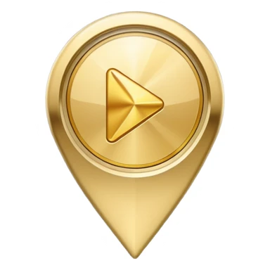 gold map pin with play button, luxury feel, premium video location, apple style emoji sticker