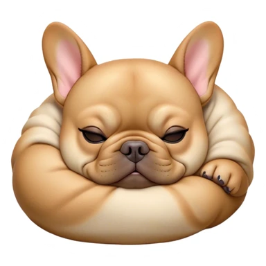 Cinematic Meme-Worthy Chubby Sleeping Fawn French Bulldog Portrait Emoji, Head resting peacefully with a contented smile, showcasing a delightfully chubby build and a luxuriously soft fawn coat, eyes shut in a serene nap, Simplified yet hilariously adorable features, highly detailed, glowing with a soft, drowsy light, high shine, relaxed and utterly lovable, stylized with an air of playful laziness, bright and heartwarming, soft glowing outline, capturing the essence of a comically sleepy companion, so meme-worthy it feels like it could instantly become the next viral sensation of adorable slumber! sticker