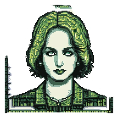 A pixel art style image of a dollar bill, featuring a green and black pixelated design with a portrait and intricate details, simple and retro design, no additional text or symbols. sticker