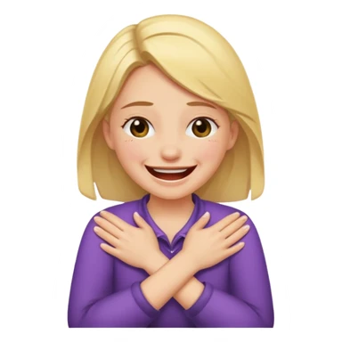 Girl laughing and crying with crossed hands holding neck sticker