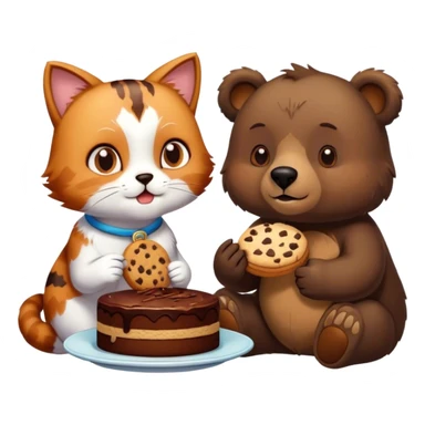 Cat eating a cookie next to a bear that eats a cake sticker