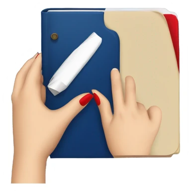 a female hand with a red manicure holds a dark blue notepad sticker