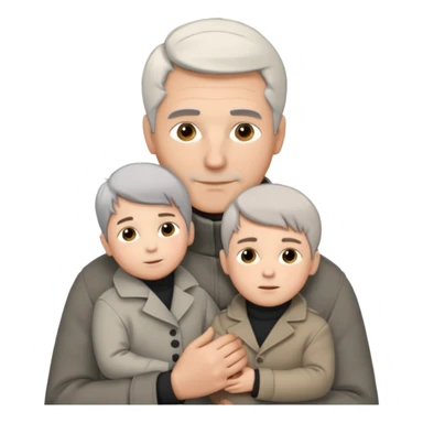 A father with silver-grey hair styled neatly and a clean-shaven face, wearing a dark turtleneck and wool coat, holding his child gently. The child has light brown hair and a soft white jacket. Warm cinematic lighting, emotional close-up. sticker