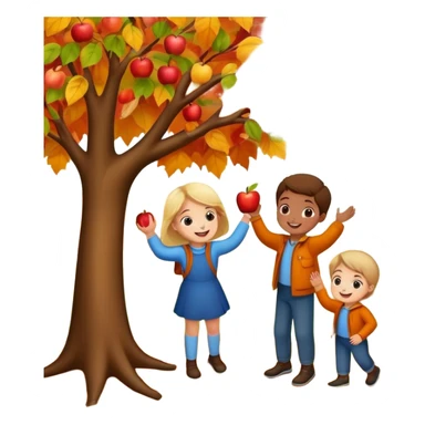 kids picking apples from a tree in autumn, colorful fall leaves, cheerful expressions sticker