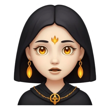 Stylized cult cartoon girl emoji, eerie-cute aesthetic, symmetrical design, subtle spooky vibe, glowing eyes, chanting “AMILK”, bold graphic icon sticker