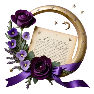 Beneath the soft light of a silver crescent moon, a bundle of handwritten letters lies wrapped in a velvety plum ribbon, adorned with a delicate sprig of lavender and a scattering of bruised violet pansies. A faded mauve rose and a deep purple peony, their petals gently curling at the edges, rest beside an ornate heart-shaped trinket, whispering tales of love lost and found. Golden stars twinkle faintly, reflecting off the wax-sealed envelopes, as if they, too, are enchanted by the lingering emotions woven into each word. sticker