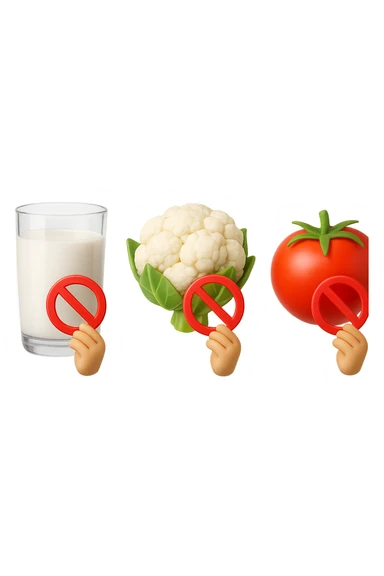 emoji stile iphone di un BICCHIERE DI LATTE CAVOLFIORE E POMODORO CHE FLUTTUANO IN ARIA VERTICALMENTE CON DIVIETI IN MANO, iperrealistico 4k, isolato su sfondo bianco sticker