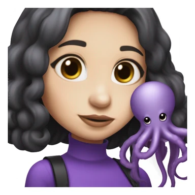 girl with white skin, longish very dark brown/black hair, wearing an all-purple full body outfit, holding a purple octopus in her hand, holding an IQOS in her other hand sticker