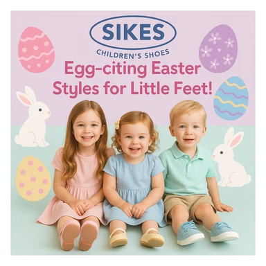 Easter-themed Instagram post for Sikes Children's Shoes with pastel background, logo at top, children wearing pastel shoes, surrounded by Easter eggs and bunnies, headline: 'Egg-citing Easter Styles for Little Feet!'. Include uploaded logo. sticker