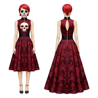 No human figures, Women's Skull Print Evening Dress in Oxblood, sleeveless evening dress featuring an all-over fiery red Skull print. High neck with button fastening, isolated, rendering sticker