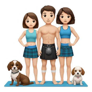 emoji of brunette man wearing kilt, brunette woman in yoga outfit and white cockapoo dog sticker