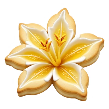 Realistic shortbread cookie in the shape of a lily flower with pastel yellow color jelly middle filling and sprinkled powder sugar on top. sticker