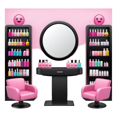 big beauty salon showcase with well-organized brand-labeled beauty products on a white shelves, emoji style, with a nearby hairstylist chair in pink color and a big mirror, different chair color sticker