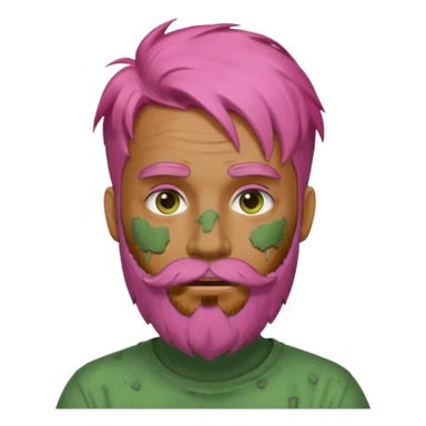 pink haired man with full full face dirty messy green clay mask and beard sticker