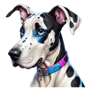 Cinematic Comical Harlequin Great Dane Portrait Emoji, Head tilted dramatically with an exaggeratedly shocked or amused expression, featuring a striking coat of predominantly white with vivid black patches, wide, expressive blue eyes filled with playful disbelief, Simplified yet hilariously expressive features, highly detailed, glowing with a slightly sassy glow, high shine, dramatic yet playful, stylized with an air of cheeky charm, bright and endearing, soft glowing outline, capturing the essence of a spirited and over-the-top guardian, so meme-worthy it feels like it could side-eye its way into internet fame instantly! sticker