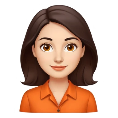 Professional woman in her 30s with light complexion, oval face, gentle features, large dark brown eyes, well-formed medium eyebrows, small nose, warm friendly smile, long slightly wavy dark brown hair, wearing a bright orange dress shirt sticker
