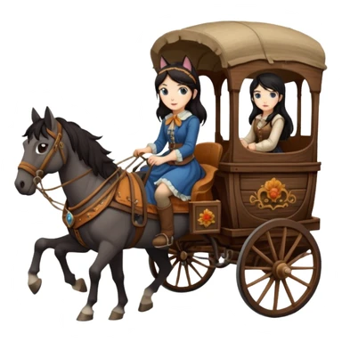  Rustic wood detailed 1854 pretty dark-haired Catgirl driving a huge horse-drawn stagecoach Caravan alone on a bumpy scary trail in the woods  sticker
