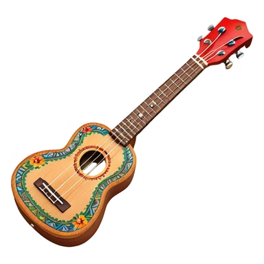 Create a vibrant and artistic emoji representing a ukulele with a Mexican design. The ukulele should feature a bright, colorful body with traditional Mexican patterns, such as geometric shapes, floral motifs, or colorful stripes. Use rich, warm tones like red, yellow, green, and blue to give the instrument a lively, festive look. Highlight the wood grain of the ukulele’s neck and fingerboard, and add subtle details like decorative inlays or a small Mexican flag symbol on the body. The strings should be clearly visible, and the instrument should be in a slightly angled position to showcase its unique design. The background should be transparent. sticker