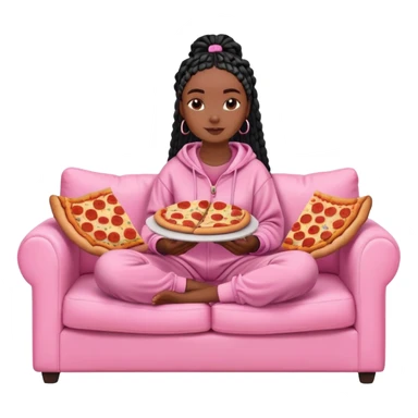 A dark-brown-skinned Black woman with black box braids, sitting on a pink couch, holding an open pizza box.She’s wearing comfy loungewear, looking relaxed and enjoying her food. sticker