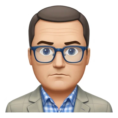 50-year-old heavyset man with very wide face and prominent square jawline. Short straight hair combed to the side, not balding. Large dark square glasses. Serious-relaxed expression. Light gray jacket that fits his larger frame, white shirt with blue checkered pattern. sticker