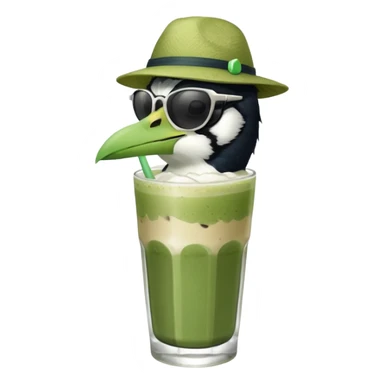 It’s an Australien Magpie sitting on an iced matcha latte on the edge of the glass. It has green matcha on its beak indicating it drank. The iced matxha latte is in a see through glass and white from the oat milk on the bottom and green on top…and there is a straw in the drink and ice cubes sticker