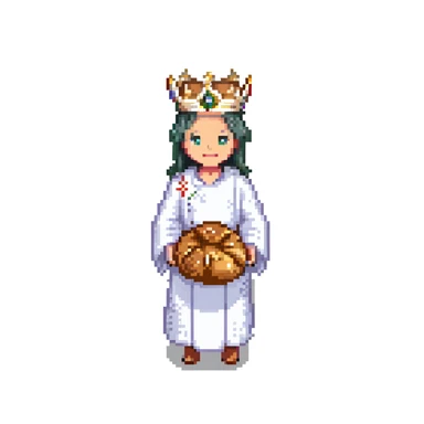 Portrait of the same baker character in every level, realistic skeuomorphism style, consistent lighting and pose, transcendent baker with infinite bread crown, robes woven from light and shadow, divine aura radiating sticker