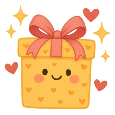 cute gift box with sparkling stars and hearts, smiling wrapping paper, remove background sticker