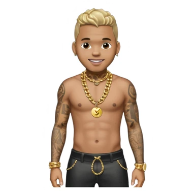 Chris Brown with metallic black pants, shirtless with necklace sticker