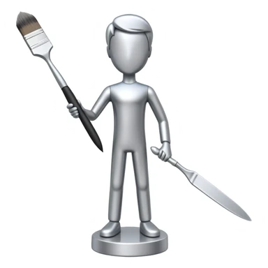 A paintbrush that transforms into a human metal silver silhouette sculpture, symbol of artistic identity, with a polished silver metallic finish sticker