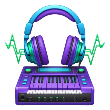 Create a creative and technical emoji that represents sound design. The design should feature a soundwave, a pair of studio headphones, and an audio synthesizer or soundboard to symbolize the manipulation and creation of unique soundscapes. Add subtle elements like audio cables, a mixing console, or a waveform to reflect the technical aspect of sound design. Use vibrant, futuristic colors like neon blue, purple, and green to represent innovation and creativity in sound. The background should be transparent. sticker