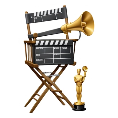 Icon for Directing: a director's chair, a film slate, a megaphone, a stack of script papers and an Oscar statuette. The icon should represent the creative and leadership aspects of directing, with focus on film and theater production. Transparent background. sticker