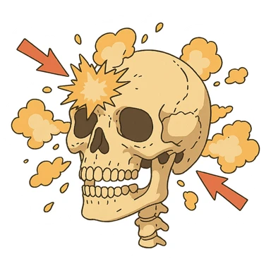 a skull exploding, diagram, front and back impact points,  sticker