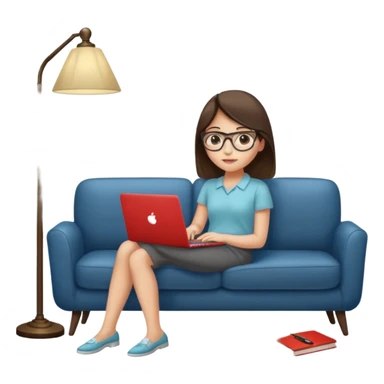 A girl is working with a laptop while lying on a sofa, with a floor lamp to the right. sticker