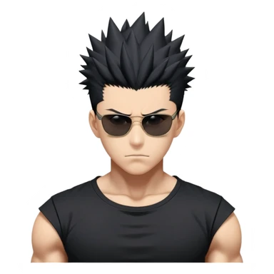 Satoru Gojo from Jujutsu Kaisen with spiky black hair, wearing form-fitting black t-shirt showing muscular build, confident expression, sunglasses on top of head sticker