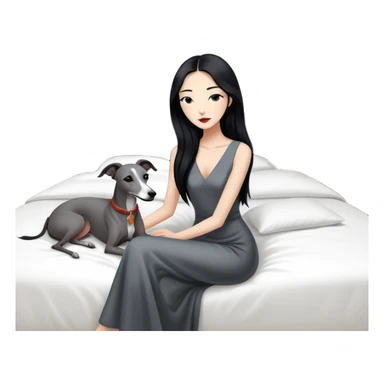 Very thin Chinese woman with long black hair relaxing in a luxurious hotel suite with exactly ONE whippet dog. EXTREME IMPORTANCE: the whippet must be ONE SOLID VERY DARK CHARCOAL GREY COLOR from nose to tail with ABSOLUTELY NO WHITE MARKINGS anywhere - NO white on face, NO white on muzzle, NO white on chest, NO white on paws, NO white on tail - NOTHING BUT A SINGLE SHADE OF VERY DARK GREY throughout the entire animal sticker