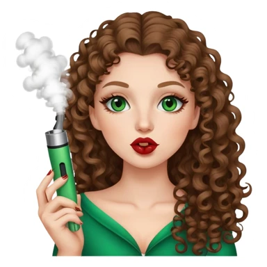 White girl with castani curly long hair grüne Augen , braunes Lip liner , Mascara , vape, italian ,kiss emoji sticker