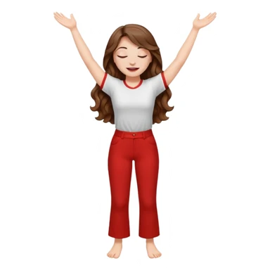 crie uma menina branca com cabelos castanhos longos ondulados, uma roupa de calça e blusa de manga curta na cor vermelho, com braços juntos para cima, olhos fechados e perna levantada. a manga é curta mostra os braços sticker